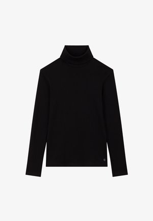 Schwarzes Langarm-Turtleneck-Oberteil mit figurbetontem Design, glattem Stoff und umgeschlagenem Kragen. Verfügt über ein kleines Logo nahe dem Saum.