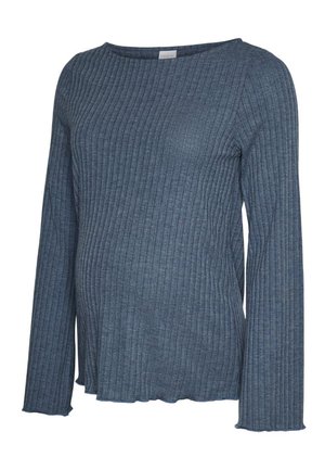 Haut de maternité bleu côtelé à manches longues avec col rond et poignets légèrement évasés, conçu pour s'adapter au ventre de grossesse.