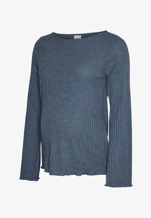 Haut de maternité bleu côtelé à manches longues avec col rond et poignets légèrement évasés, conçu pour s'adapter au ventre de grossesse.