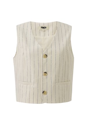 Beige linen vest with vertical navy stripes, V-neck, three buttons, and two front pockets. Smooth texture, tailored design.