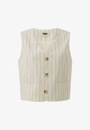 Beige Leinenweste mit vertikalen Navy-Streifen, V-Ausschnitt, drei Knöpfen und zwei Fronttaschen. Glatte Textur, taillierte Passform.