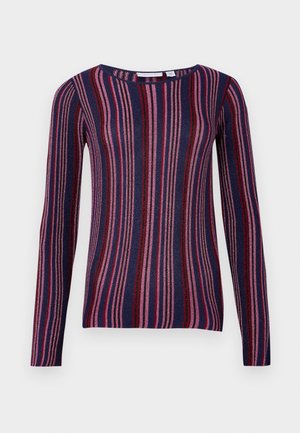 Hosszú ujjú pulóver kerek nyakkivágással, tarka függőleges csíkokkal tengerészkék, rózsaszín és piros színben, texturált kötött anyagból készült.