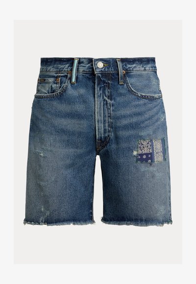 Jeans kratke hlače z izvedenimi robovi, majhnimi obrabljenimi predeli in modrim vzorčastim krpnim dodatkom na desnem stegnu, z žepki spredaj in zankami za pas.