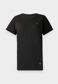 Black cotton t-shirt with short sleeves and a crew neckline. Features a small logo on the chest and a label at the hem. Classic fit.