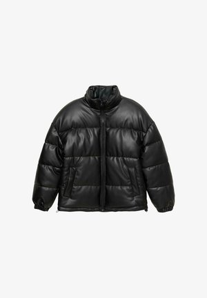 Giacca imbottita nera realizzata in materiale sintetico liscio con collo alto, cerniera integrale, polsini elasticizzati e tasche laterali.