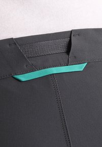 Grijze sportshorts met een platte tailleband voorzien van een gestructureerde zwarte elastische band en een contrasterend teal accent aan de achterkant.