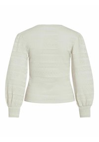 Pull blanc texturé avec un corsage ajusté, des manches bouffantes larges et un col arrondi. Présente des motifs horizontaux subtils sur l'ensemble.