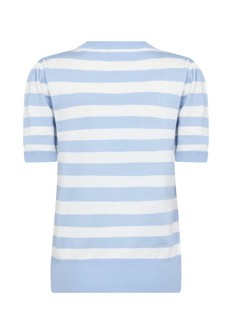 Krótki sweter z krótkim rękawem w jasnoniebieskie i białe paski. Żebrowany dekolt i dół, z miękką teksturą oraz bufiastymi rękawami.