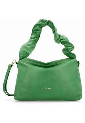 Green leather handbag with a gathered, textured strap and gold logo detail. The body has a smooth finish and a curved top opening.