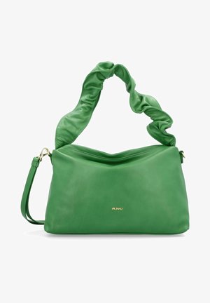 Green leather handbag with a gathered, textured strap and gold logo detail. The body has a smooth finish and a curved top opening.