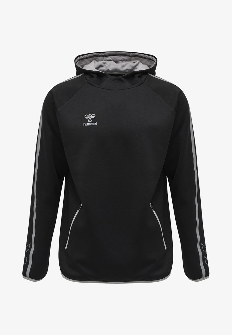 Sweat à capuche noir avec un intérieur gris, doté d'un logo, de deux poches zippées et de bandes réfléchissantes le long des bras. Tissu sportif doux.