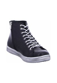 Black high-top sneaker made of leather, featuring white laces, a side zipper, and a textured white rubber sole with a striped design.