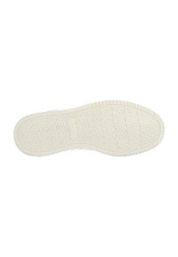 Semelle de chaussure en caoutchouc blanc avec un motif texturé et une zone de logo rectangulaire. La semelle présente des formes géométriques pour l'adhérence.