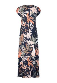 Maxime dress in navy with floral print featuring pink, white, and green plants. Cap sleeves and flowing design with a ruffled hem.