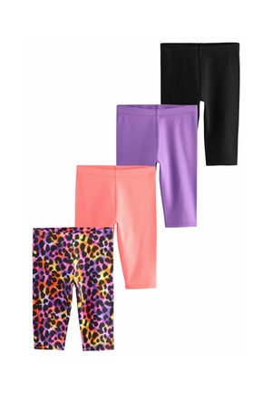 Quatre paires de leggings : noir, violet, rose et un imprimé léopard multicolore. Tissu extensible, longueur mi-mollet, texture lisse.