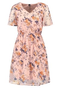 Blumenkleid aus leichtem, durchsichtigem Stoff in Hellrosa mit kurzen Ärmeln, V-Ausschnitt, elastischem Taillenbund und floralen Mustern in Orange und Blau.