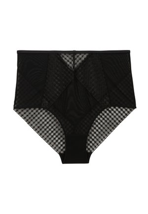 Sous-vêtements féminins noirs taille haute avec panneaux en mesh transparent à motifs géométriques et accents en tissu uni.