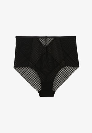 Sous-vêtements féminins noirs taille haute avec panneaux en mesh transparent à motifs géométriques et accents en tissu uni.