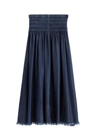 Denim nederdel med en smocket, elastisk talje, der har et plisseret design og fransede kanter. Mørkeblå farve med en glat tekstur.