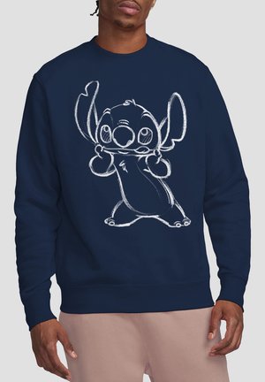 Navy sweatshirt featuring a white sketch of a cartoon character with large ears and a round body, displayed prominently on the front.