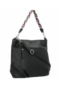 Sac à main en cuir noir avec une bandoulière tressée multicolore. Comprend une poche zippée à l'avant et une bandoulière réglable pour plus de polyvalence.
