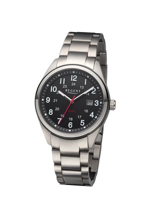 Montre-bracelet pour homme en métal argenté avec cadran noir, chiffres blancs, aiguilles des secondes rouges, fenêtre de date à 3 heures, et marque "Regent".