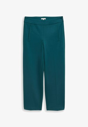 Pantalon droit couleur sarcelle avec poches latérales, fermeture éclair à la taille, et une petite étiquette au centre à l'intérieur de la ceinture.