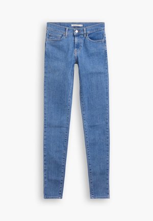 Light blue slim fit denim jeans with front button, zipper, belt loops, and five pockets on white background.