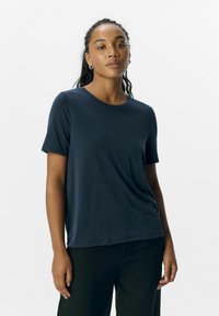 Navy blue short-sleeve t-shirt made of soft material, featuring a round neckline and a relaxed fit. Smooth texture with minimal detailing.