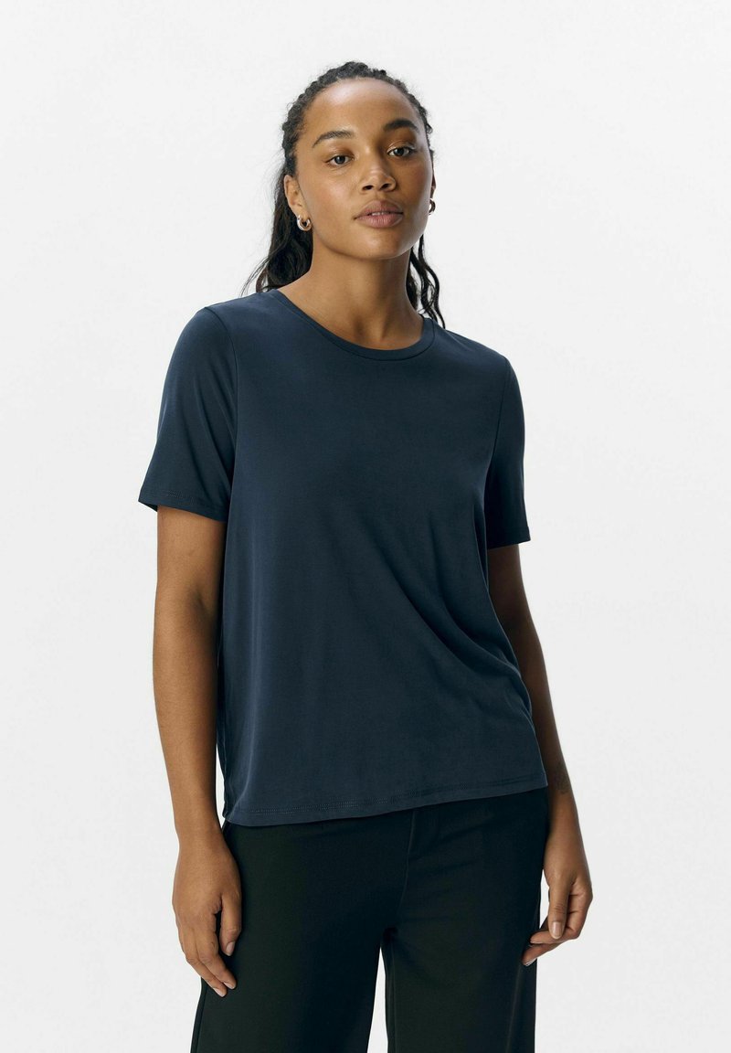 Navy blue short-sleeve t-shirt made of soft material, featuring a round neckline and a relaxed fit. Smooth texture with minimal detailing.