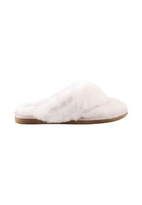 Pantofole bianche soffici con una consistenza morbida, caratterizzate da una suola di colore chiaro e un design aperto. Ideali per l'uso domestico.