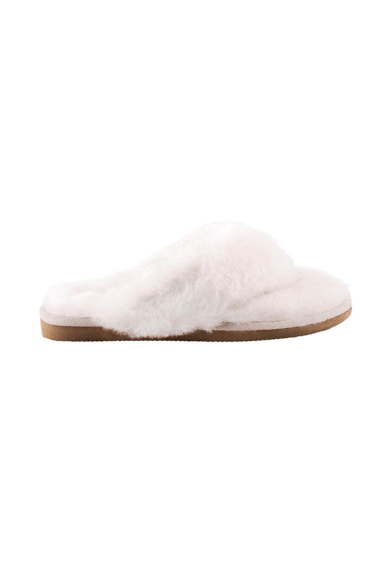Pantofole bianche soffici con una consistenza morbida, caratterizzate da una suola di colore chiaro e un design aperto. Ideali per l'uso domestico.