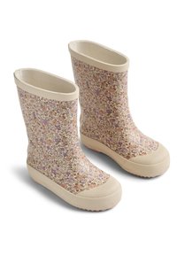 Bottes en caoutchouc à motifs floraux en beige et lavande, avec une semelle texturée, un bout arrondi et un axe lisse et flexible.