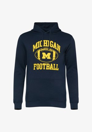 Navyblauwe hoodie met gele tekst "Michigan Football" en een voetbalafbeelding met een blokletter "M" logo op de borst.