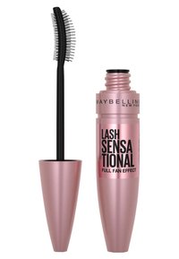 Mascara con un tubetto opaco rosa e un pennello a forma di clessidra nera. Il testo sul tubetto recita "Lash Sensational Full Fan Effect."