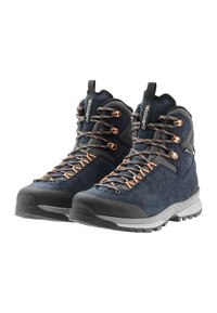 Scarpe da trekking da uomo in suede blu navy e rete con suole in gomma grigia. Le caratteristiche includono lacci in tonalità rame e punte rinforzate.