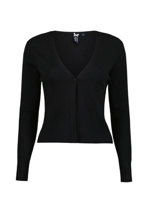 Cardigan noir côtelé avec un col en V, des manches longues et une fermeture à un bouton. Tissu texturé avec une silhouette ajustée.