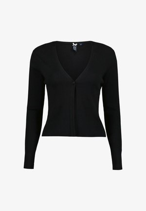 Cardigan noir côtelé avec un col en V, des manches longues et une fermeture à un bouton. Tissu texturé avec une silhouette ajustée.
