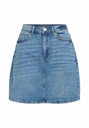 Fustă mini din denim albastru cu nasturi frontali, închidere cu fermoar, bucle pentru curea și două buzunare frontale.