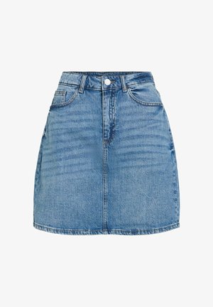 Mini-jupe en denim bleu avec bouton sur le devant, fermeture éclair, passants pour ceinture et deux poches avant.