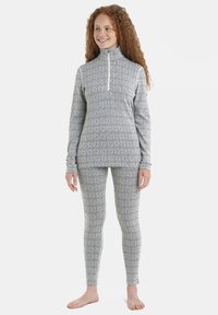 Grau gemustertes Thermalset bestehend aus einem Reißverschluss-Halbkragenoberteil und figurbetonten Leggings, hergestellt aus weichem, dehnbarem Material.