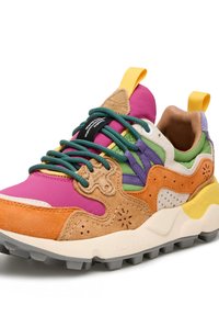Multicolored sneaker featuring suede and mesh materials. Key colors include pink, orange, green, and purple. Thick, textured gray sole with accents.
