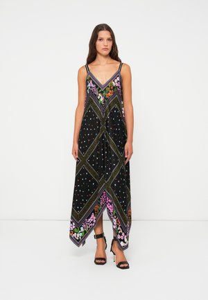 Long black dress with floral and geometric patterns, featuring thin straps, a V-neckline, and a flowing silhouette.