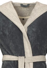 Grauer Frottee-Bademantel mit einer hellgrauen Kapuze und Besätzen. Verfügt über einen Bindegürtel und eine weiche Textur. Größenschild im Kragen sichtbar.