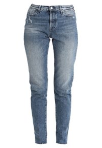 Džíny z modrého denimu s vysokým pasem, s vybledlým vzhledem, s prořízlými detaily, rovnými nohavicemi a standardním designem s pěti kapsami.