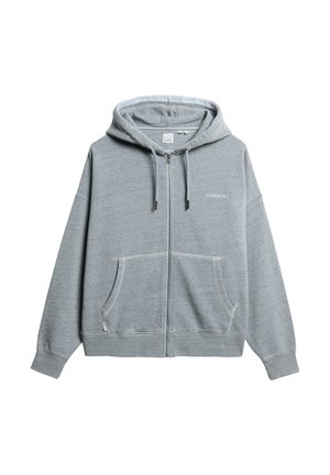 Grijze rits hoodie met een trekkoord capuchon, voorzakken en het "SUPERDRY" logo, met een zachte textuur en casual ontwerp.