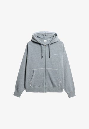 Grijze rits hoodie met een trekkoord capuchon, voorzakken en het "SUPERDRY" logo, met een zachte textuur en casual ontwerp.