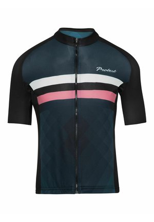Korte mouw fietsjersey in donker teal, met roze, witte en zwarte strepen, een rits aan de voorkant en een gestructureerd ruitpatroon.