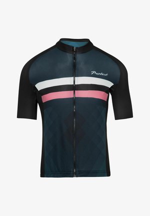 Maglia da ciclismo a maniche corte di color teal scuro, con strisce rosa, bianche e nere, chiusura con zip frontale e un motivo a diamante testurizzato.