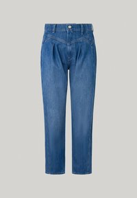 Jeans de mezclilla azul con un corte relajado, con pliegues en la parte delantera, cierre de botón y costuras en contraste. Diseño de pierna recta, sin adornos.